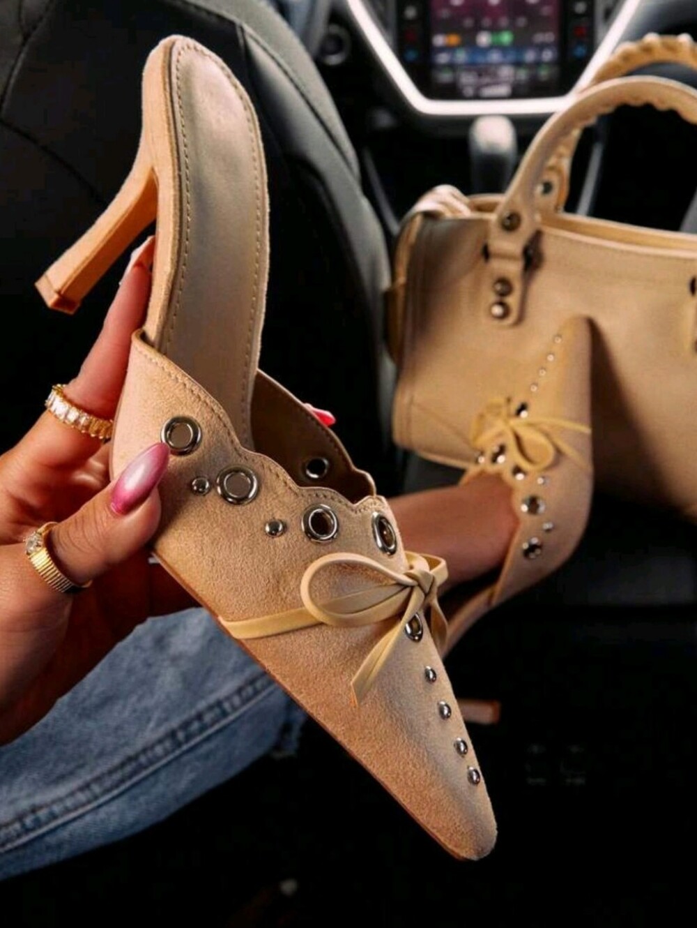 High Heeled Mules For Women Slip On Pointy Bow Heels Suede Dress Kitten Pumps Ba